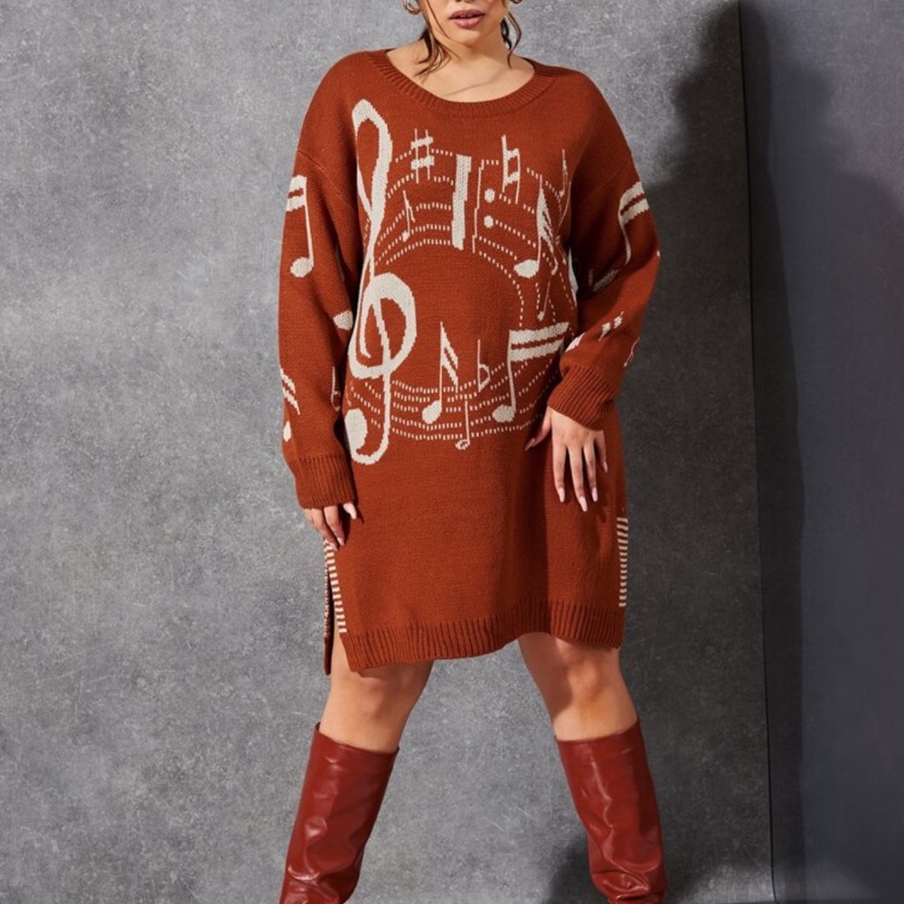 SHEIN burnt Orange Midi Sweater Dress with Long Dolman Sleeves and Scoop Neck